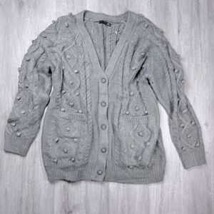 Gray Chunky Cable Knit Pom Pom Warm Cardigan Sweater 2X